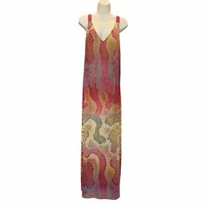 Ramy Brook Sheer Reptile Print Maxi Cover Up Dress Pink Strap Open Back Slit